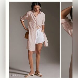 Anthropologie Long Button Up Motif Striped Pink Shirt Size XS